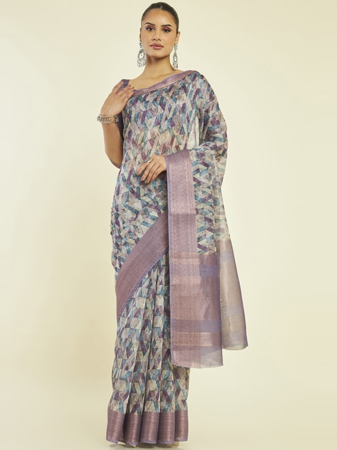 Soch Purple & Beige Silk Printed Saree With Unstitched Blouse Price in India