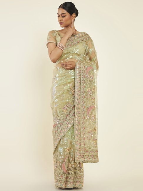 Soch Sap Green Embroidered Saree With Unstitched Blouse Price in India