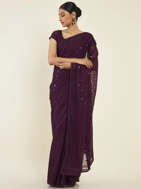 Soch Wine Embroidered Saree With Unstitched Blouse Price in India