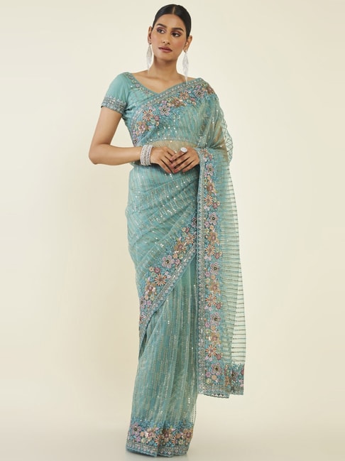 Soch Teal Blue Embroidered Saree With Unstitched Blouse Price in India