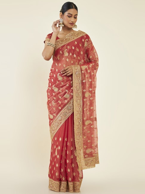 Soch Coral Embroidered Saree With Unstitched Blouse Price in India