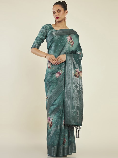 Soch Teal Blue Floral Print Saree With Unstitched Blouse Price in India
