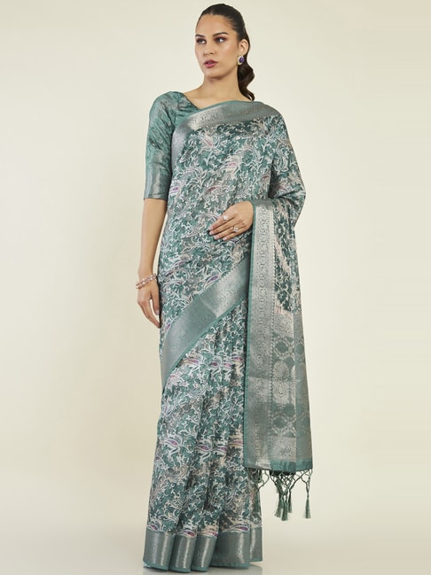 Soch Teal Blue Printed Saree With Unstitched Blouse Price in India