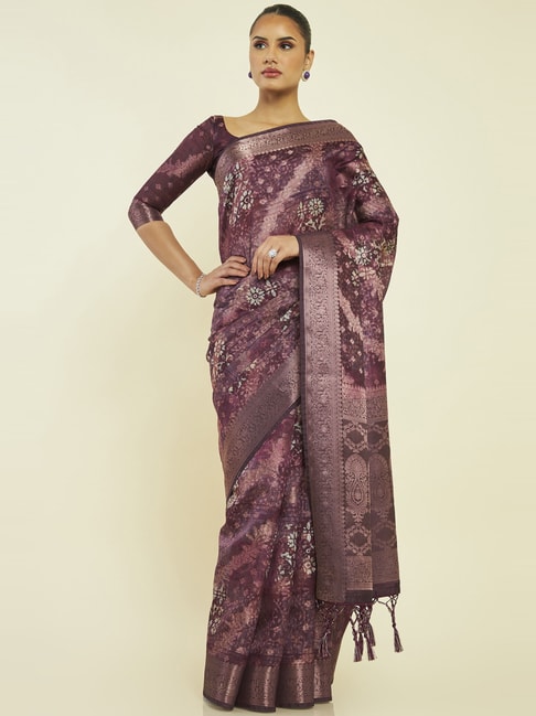 Soch Wine Woven Saree With Unstitched Blouse Price in India