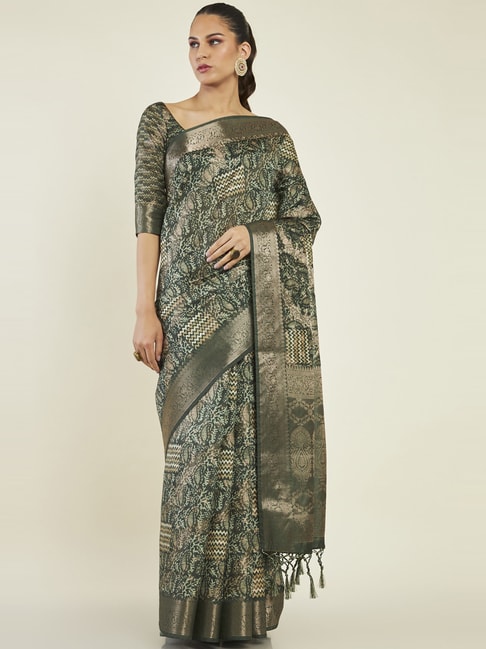 Soch Olive Green Printed Saree With Unstitched Blouse Price in India