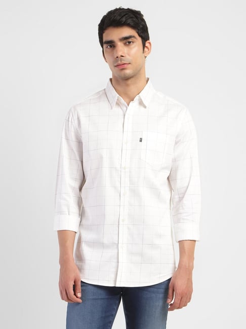 Levis Levi's White Cotton Regular Fit Checks Shirts