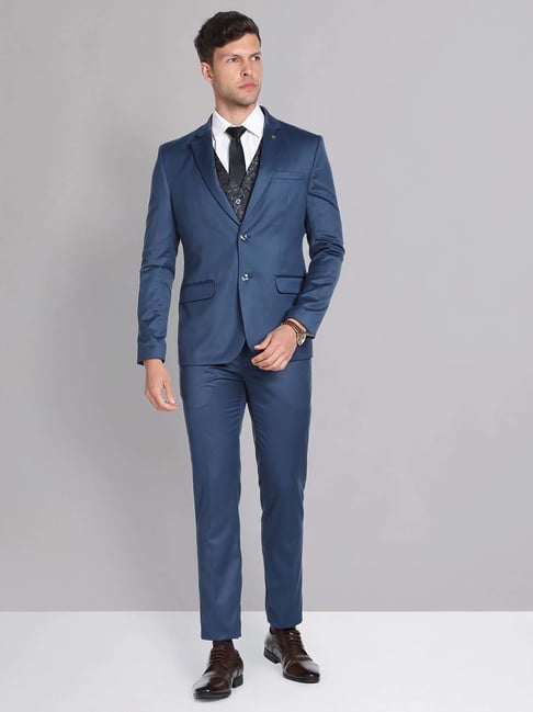 AD by Arvind Navy Regular Fit Textured Three Piece Suit