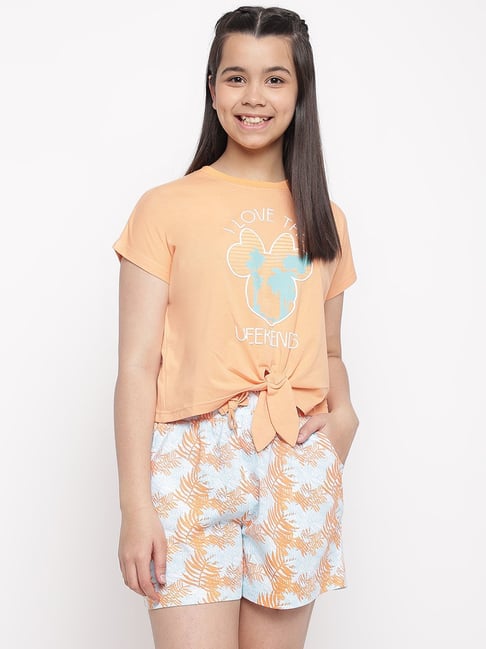 Lil Tomatoes Kids Peach Printed T-Shirt with Shorts