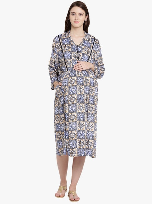 Mine4Nine Blue Printed Maternity Dress