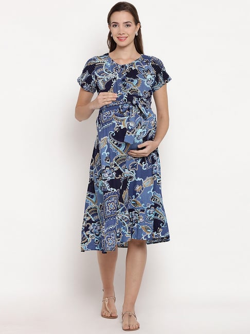 Mine4Nine Blue Floral Print Maternity Dress