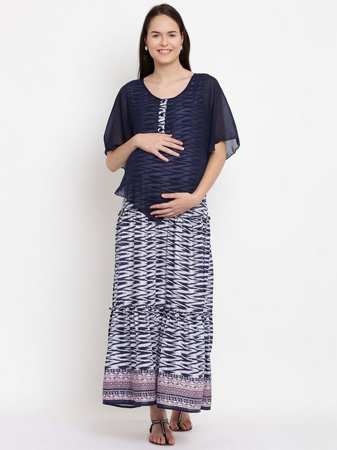 Mine4Nine Navy & White Printed Maternity Dress