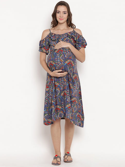 Mine4Nine Blue Printed Maternity Dress