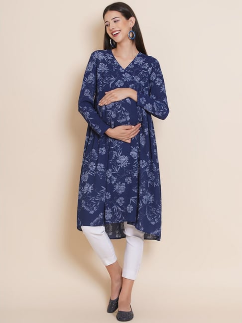 Mine4Nine Navy Floral Print Maternity Kurta