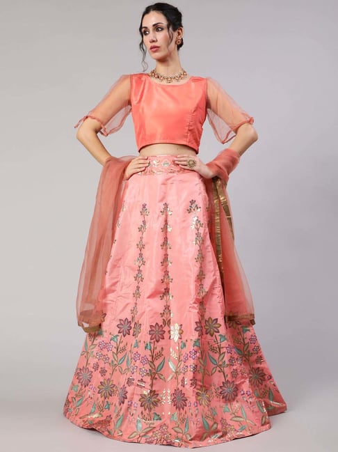 Aks Peach Woven Pattern Lehenga Choli Set With Dupatta