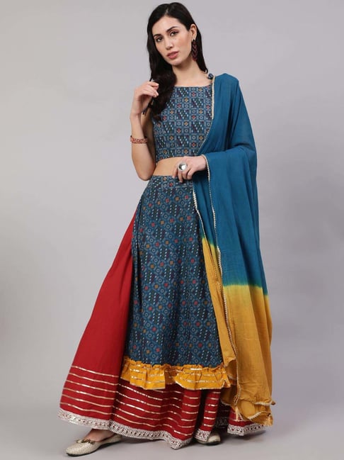 Aks Blue Cotton Printed Lehenga Choli Set With Dupatta