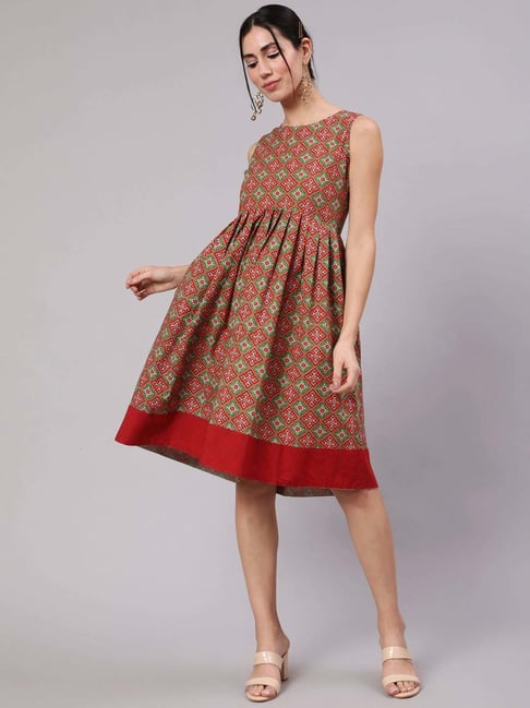 Aks Red & Green Cotton Printed Skater Dress