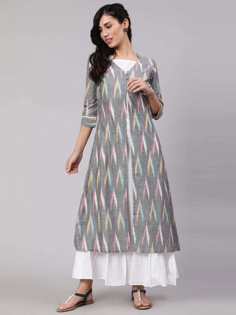 Aks Grey Cotton Printed Maxi Dress