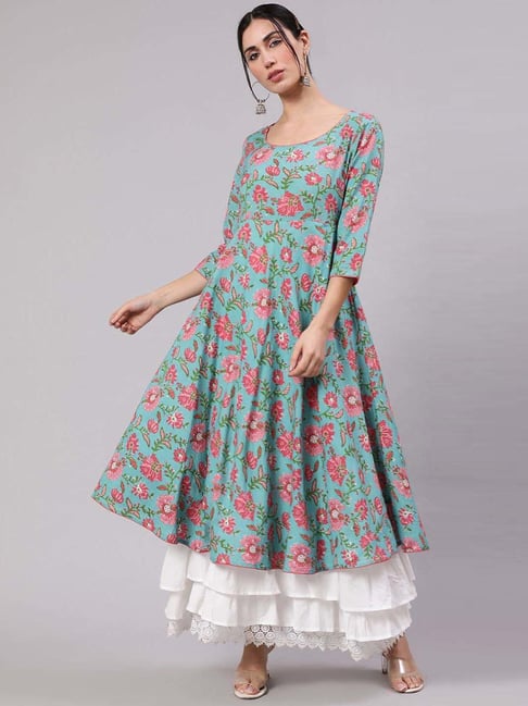Aks Blue Cotton Printed Maxi Dress Price in India