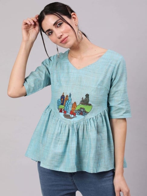 Aks Blue Cotton Embroidered Tunic