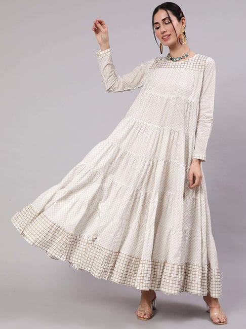 Aks Cream Cotton Printed Maxi Dress Price in India