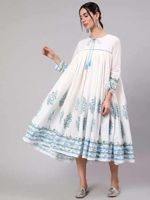 Aks White Cotton Printed A-Line Dress Price in India