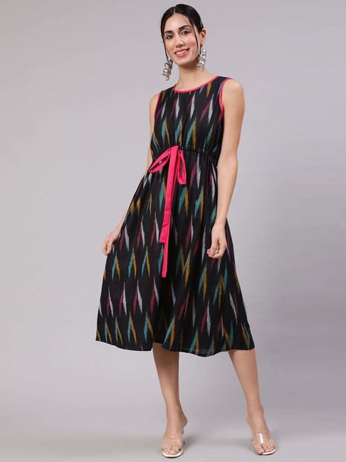 Aks Black Cotton Printed A-Line Dress Price in India