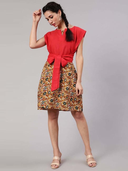 Aks Red & Mustard Cotton Printed A-Line Dress With Tie-Up Top