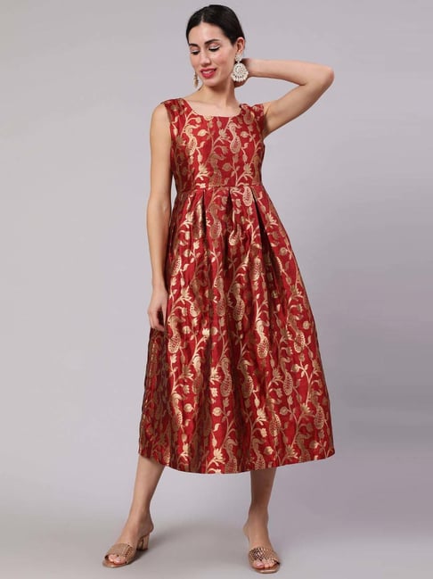 Aks Maroon Printed A-Line Dress Price in India