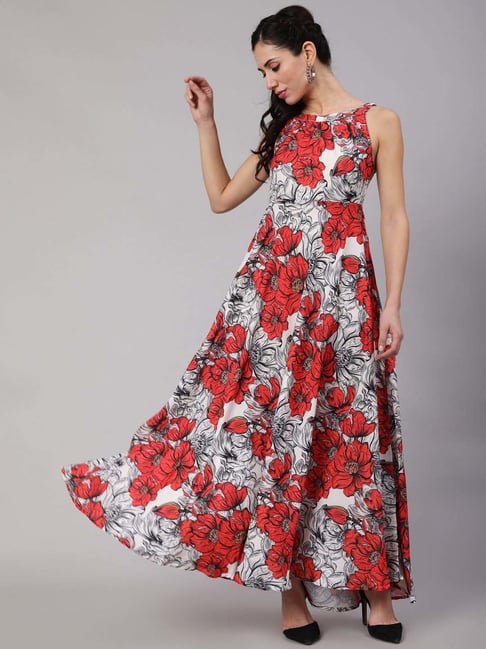 Aks Red & White Printed Maxi Dress