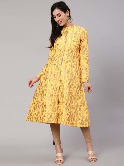 Aks Yellow Woven Pattern A Line Kurta Price in India