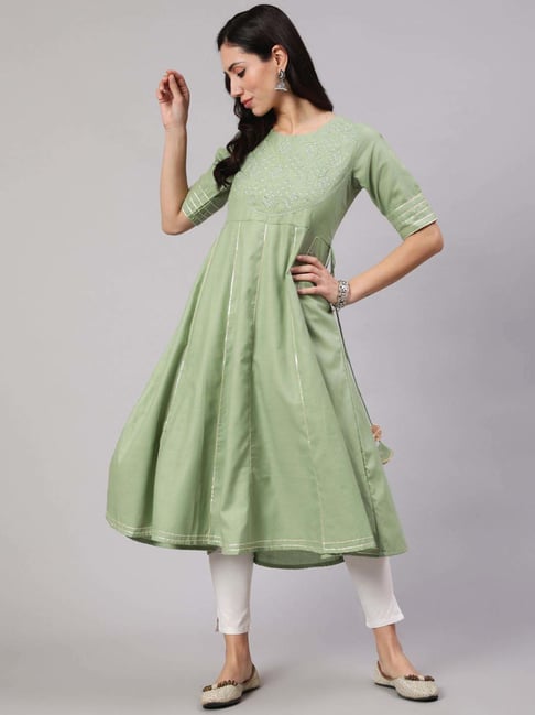 Aks Green Embroidered Flared Kurta