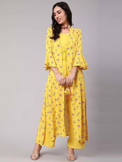 Aks Yellow Printed Top Palazzo Set With Jacket