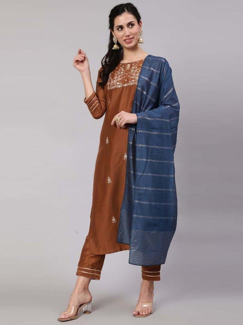 Aks Brown Embroidered Kurta Pant Set With Dupatta