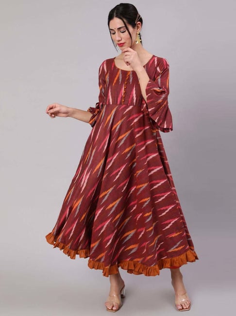 Aks Maroon Cotton Printed Anarkali Kurta