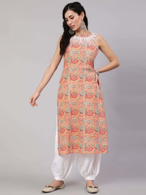 Aks Peach Cotton Printed Straight Kurta