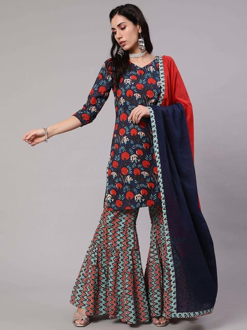 Buy Aks Blue Cotton Printed Kurti Sharara Set With Dupatta for Women Online Tata CLiQ