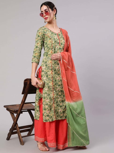 Aks Green & Red Cotton Printed Kurta Palazzo Set With Dupatta