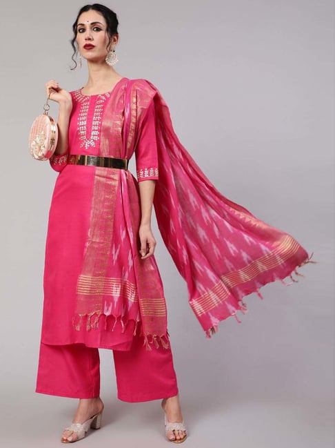 Aks Pink Embroidered Kurta Palazzo Set With Dupatta