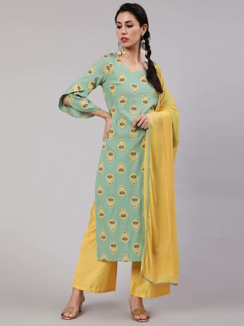 Aks Green & Yellow Printed Kurta Pant Set With Dupatta Price in India