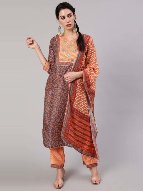 Aks Grey & Orange Printed Kurta Pant Set With Dupatta Price in India
