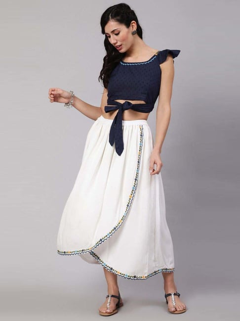 Aks White Cotton Embroidered Crop Top Skirt Set Price in India