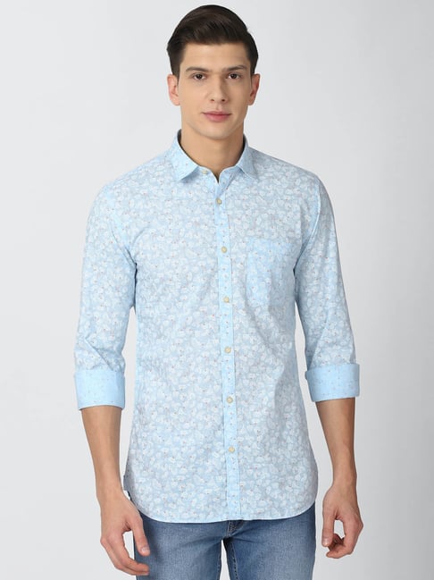 Peter England Light Blue Slim Fit Floral Print Cotton Shirt