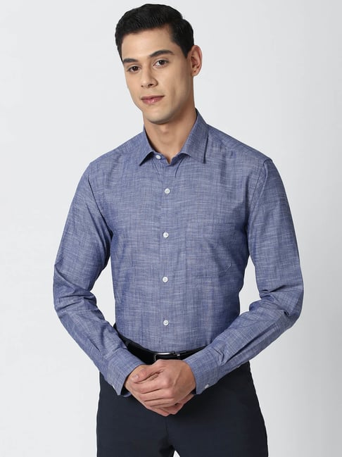 Peter England Blue Regular Fit Textured Cotton Shirt