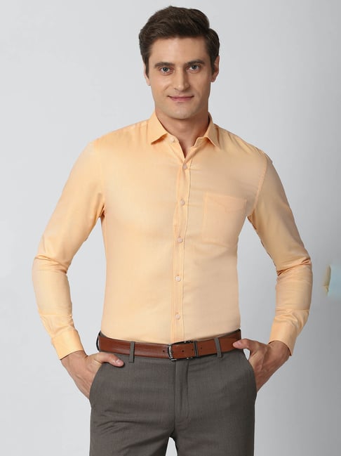 Peter England Orange Slim Fit Self Design Cotton Shirt