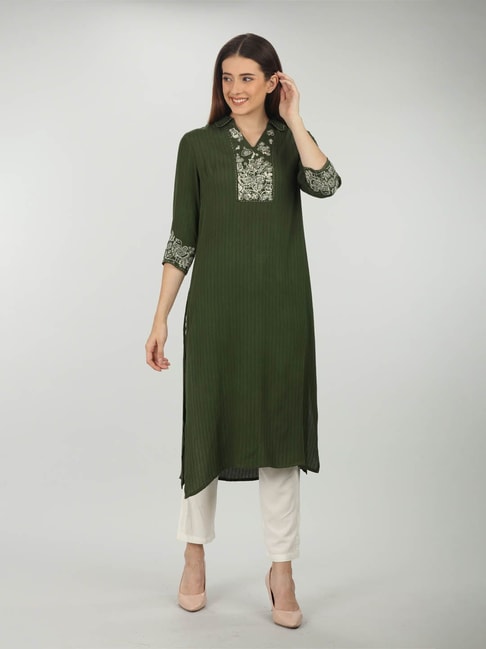 Olive Green Cotton Embroidered Kurti, Casual Wear at Rs 350/piece in Jaipur