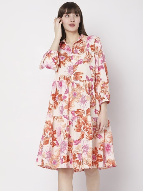Vero Moda Beige & Pink Floral Print A-Line Dress Price in India