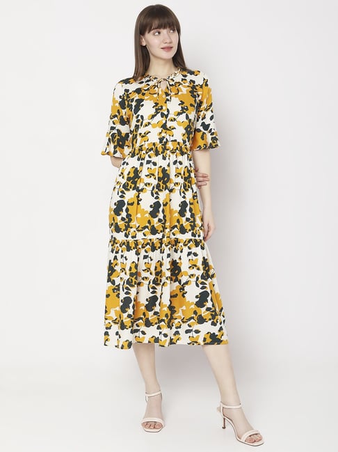 Vero Moda Yellow & White Printed A-Line Dress Price in India