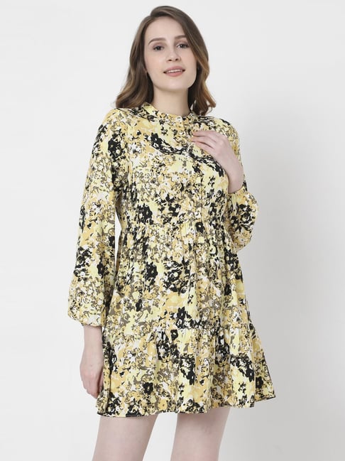 Vero Moda Yellow & Black Floral Print A-Line Dress Price in India