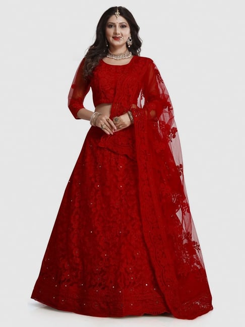 Atsevam Red Embroidered Semi-Stitched Lehenga Choli Set With Dupatta-picture-10