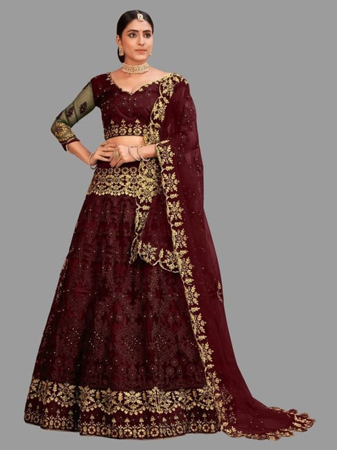 Atsevam Maroon Embroidered Semi-Stitched Lehenga Choli Set With Dupatta-picture-16
